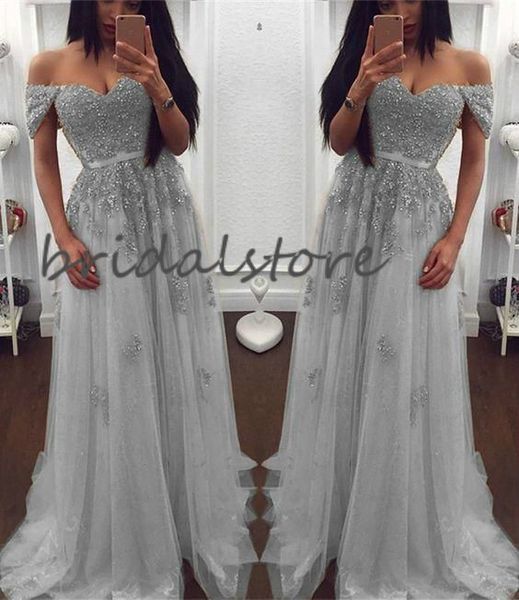 elegant silver prom dresses off the shoulder beaded lace evening dresses floor length tulle short sleeve forma party gown graduation wear, Black
elegant silver prom dresses off the shoulder beaded lace evening dresses floor length tulle short sleeve forma party gown graduation wear, Black