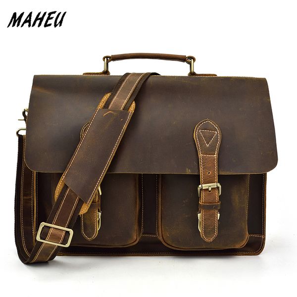 

crazy horse leather briefcase for men lapbag genuine leather business bags cowhide work tote bolso homb messenger bag