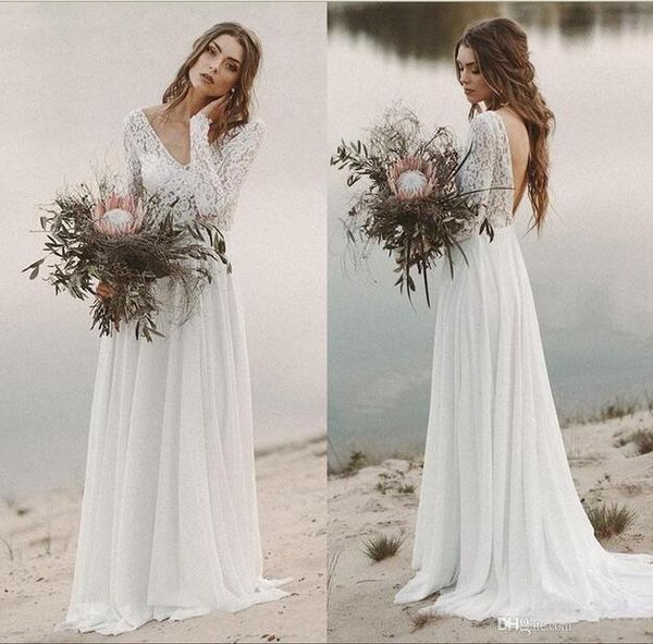 bohemian пляж свадебные платья с длинным рукавом кружева шифон свадебное платье sexy backless v шеи платье-де-novia, White
bohemian пляж свадебные платья с длинным рукавом кружева шифон свадебное платье sexy backless v шеи платье-де-novia, White