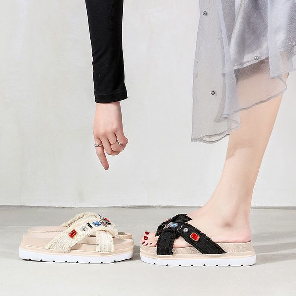 med flat shoes female lady ladies' slippers platform luxury slides girl soft designer retro cotton fabric fashion rubber pu, Black
med flat shoes female lady ladies' slippers platform luxury slides girl soft designer retro cotton fabric fashion rubber pu, Black