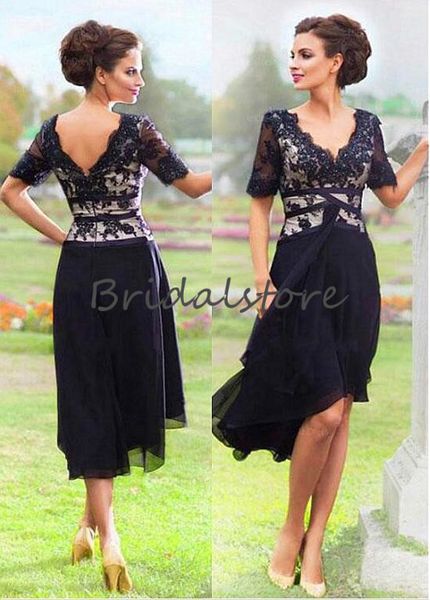 summer boho mother of the bride dresses knee length v neck short sleeves chiffon lace mom evening party gowns 2019 backless skirt, Black;red 
summer boho mother of the bride dresses knee length v neck short sleeves chiffon lace mom evening party gowns 2019 backless skirt, Black;red