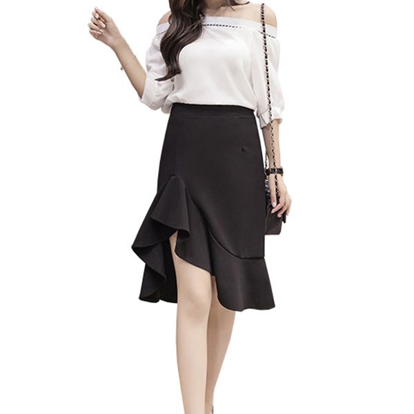 2018 new women fashion slim high waist midi skirts asymmetry ruffles hem knee-length mermaid skirt package hip skirt, Black
2018 new women fashion slim high waist midi skirts asymmetry ruffles hem knee-length mermaid skirt package hip skirt, Black