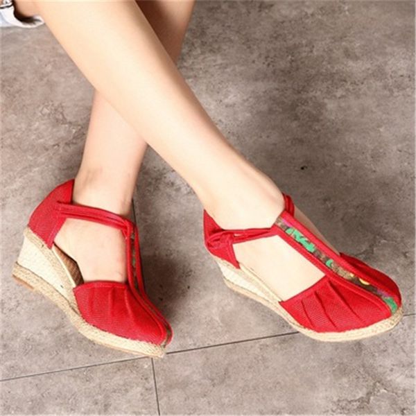 vintage embroidered med heel platform pump shoes canvas wedge sandals summer ankle strap casual women sandals, Black
vintage embroidered med heel platform pump shoes canvas wedge sandals summer ankle strap casual women sandals, Black