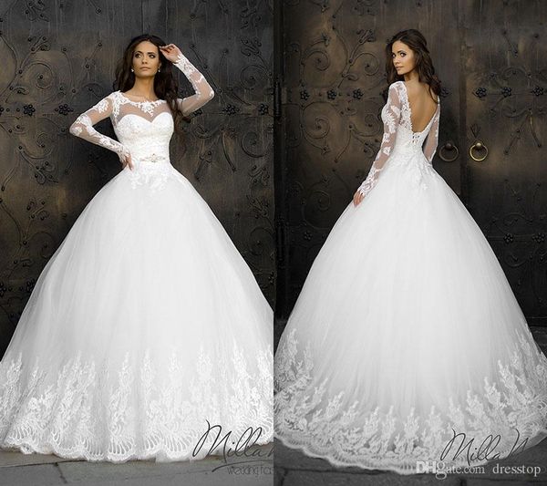 classy lace appliqued ball gown wedding dresses with long sleeves sheer jewel neckline tulle chapel beaded backless bridal gowns, White
classy lace appliqued ball gown wedding dresses with long sleeves sheer jewel neckline tulle chapel beaded backless bridal gowns, White