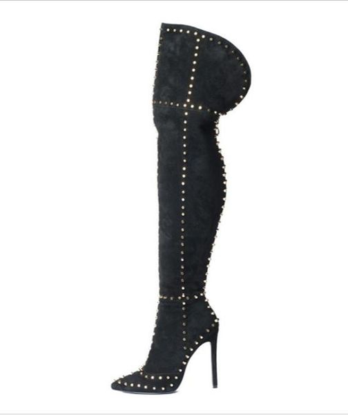 

fashion week style women thigh high boots rivets studded high heels pointed toe over the knee boots club party shoes woman, Black