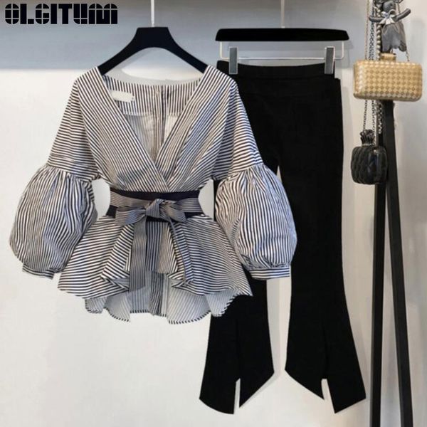 olgitum 2019 women 2 piece set v neck lantern sleeve striped blouse bow tie shirt split pencil flare pant suit ws131, White 
olgitum 2019 women 2 piece set v neck lantern sleeve striped blouse bow tie shirt split pencil flare pant suit ws131, White