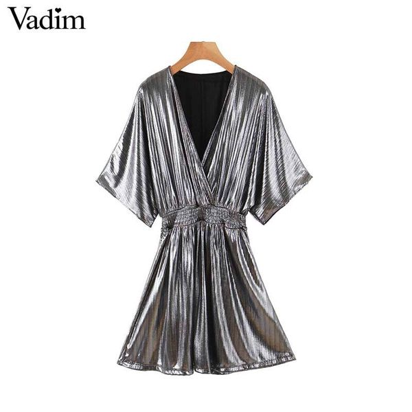 vadim women shiny mini dress v neck half sleeve elastic waist a line female party club wear stylish dresses vestidos qd237, Black;pink
vadim women shiny mini dress v neck half sleeve elastic waist a line female party club wear stylish dresses vestidos qd237, Black;pink