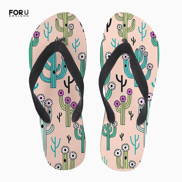 forudesigns fashion green cactus printing women's slippers flip flops flats home teen girls slip-on sandals flipflops for ladies, Black