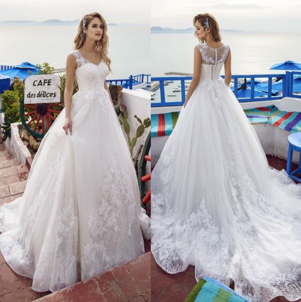 amazing a line lace appliqued wedding dresses v neck sequined bridal gowns tulle sweep train robe de mariée, White
amazing a line lace appliqued wedding dresses v neck sequined bridal gowns tulle sweep train robe de mariée, White