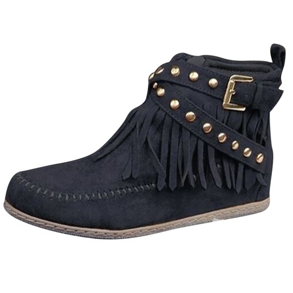sagace 2019 ankle boots for women short boots women tassels plus size side zipper rivets bare shoes new, Black