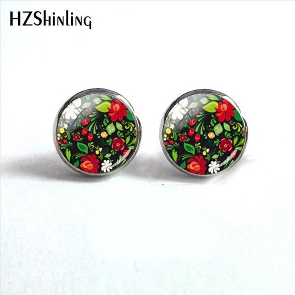 2019 new polish folk art patterns earring flowers ear stud glass cabochon p earrings hand craft jewelry hz4, Golden;silver