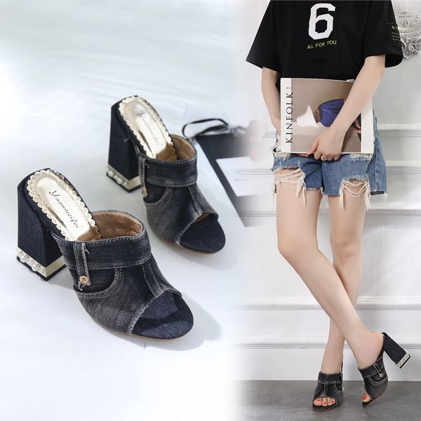 slippers women summer peep toe denim women's shoes square heel slides pantofle med heeled mules block 2020, Black
slippers women summer peep toe denim women's shoes square heel slides pantofle med heeled mules block 2020, Black