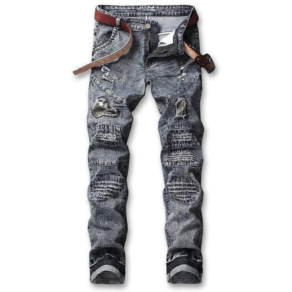 2020 new designer motorcycle men's jeans embroidered hole camouflage patch patch fold stitching trend denim trousers, Blue
2020 new designer motorcycle men's jeans embroidered hole camouflage patch patch fold stitching trend denim trousers, Blue