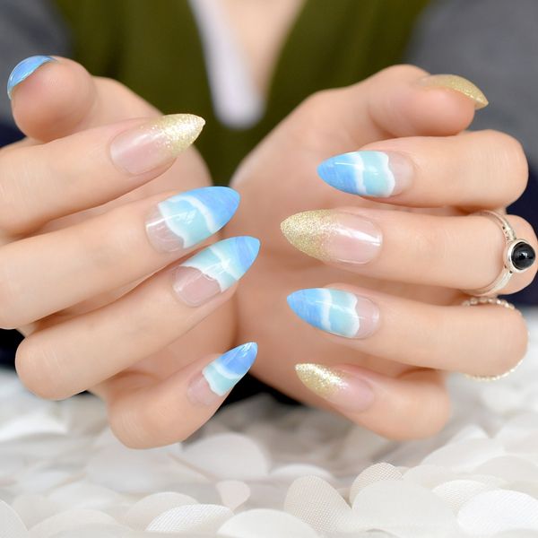 clear french stiletto fake false nails blue sky white cloud pattern shiny gold glitter pre design nail tips for bride party, Red;gold
clear french stiletto fake false nails blue sky white cloud pattern shiny gold glitter pre design nail tips for bride party, Red;gold