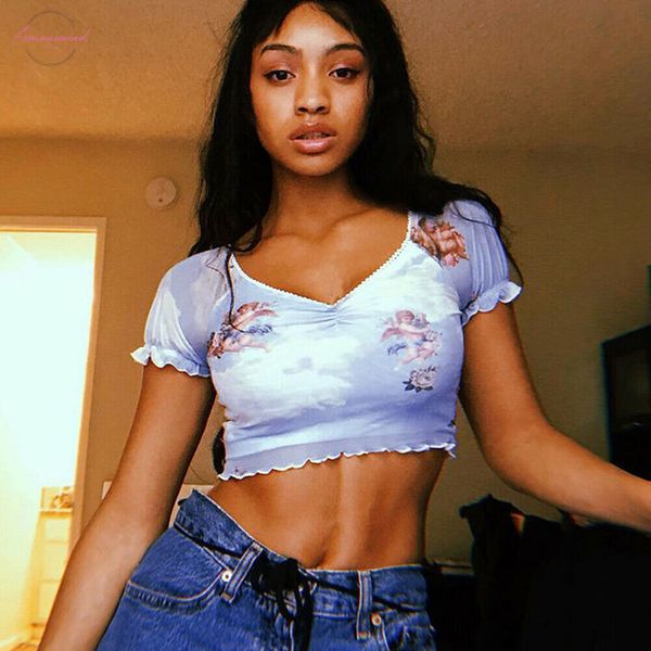 angel print women vintage sheer mesh short sleeve crop summer beach party v neck see through tank woman clothes, White
angel print women vintage sheer mesh short sleeve crop summer beach party v neck see through tank woman clothes, White
