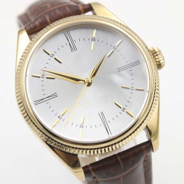 Gorgeous Style 40mm White Dial Gold Case Automatic Mens Watch Watches With A Brown Alligator Leather Strap Fixed Bezel Index Hour Markers