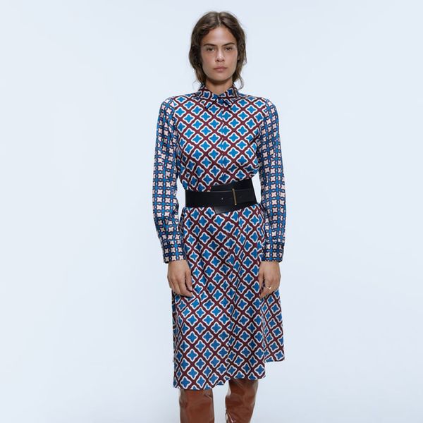 new za chic print multicolor long dress women turn-down collar long sleeve a-line design charm temperament autumn style dress, Black;gray 
new za chic print multicolor long dress women turn-down collar long sleeve a-line design charm temperament autumn style dress, Black;gray