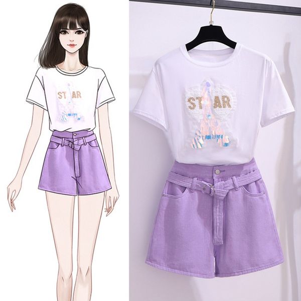 2020 summer casual 2 piece set women fashion sequined short sleeve t-shirt + denim wide-leg pants two-piece sets, White
2020 summer casual 2 piece set women fashion sequined short sleeve t-shirt + denim wide-leg pants two-piece sets, White