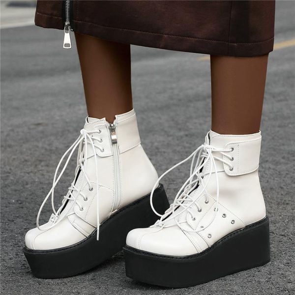 women lace up wedges high heel ankle boots high round toe platform punk pumps shoes winter warm fashion sneakers, Black
women lace up wedges high heel ankle boots high round toe platform punk pumps shoes winter warm fashion sneakers, Black