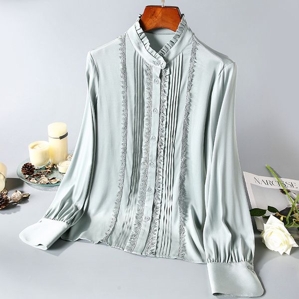 women and blouse 2020 spring summer solid color silk classy stand collar long sleeved boutique women wear s-xl, White
women and blouse 2020 spring summer solid color silk classy stand collar long sleeved boutique women wear s-xl, White