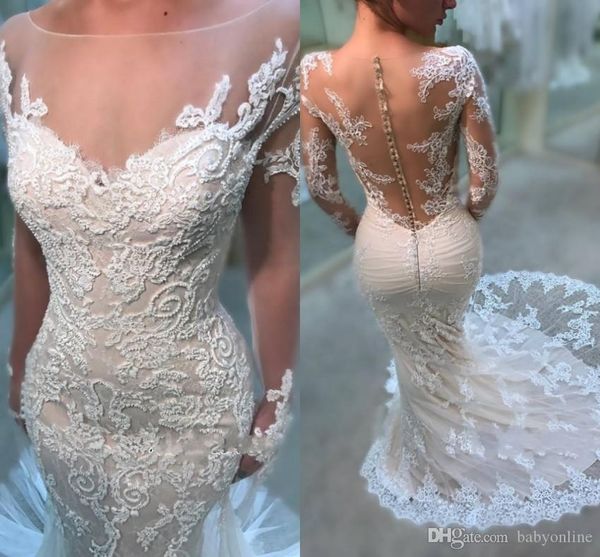 2019 gorgeous long sleeves mermaid wedding dresses crew neck lace appliques zipper and covered button back long train bridal gowns custom, White
2019 gorgeous long sleeves mermaid wedding dresses crew neck lace appliques zipper and covered button back long train bridal gowns custom, White
