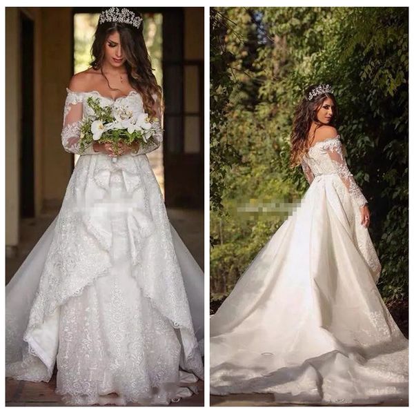 2019 retro lace appliques a-line wedding dresses custom formal long sleeves bridal gowns arabic with detachable train robe de mariee, White
2019 retro lace appliques a-line wedding dresses custom formal long sleeves bridal gowns arabic with detachable train robe de mariee, White