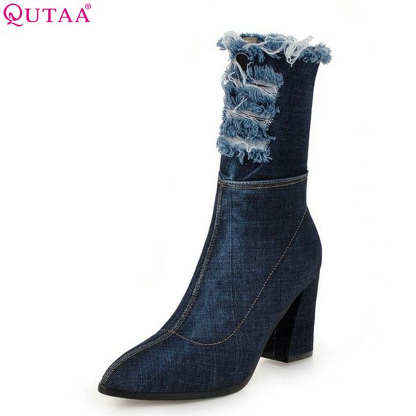 qutaa 2019 women mid calf boots denim all match platform square high heel square high heel women motorcycle boots big size 34-43, Black
qutaa 2019 women mid calf boots denim all match platform square high heel square high heel women motorcycle boots big size 34-43, Black