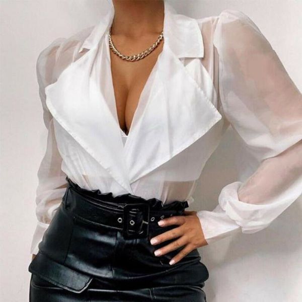 2019 womens see through deep v neck long puff sleeve shirts casual loose office ladies blouse shirt, White
2019 womens see through deep v neck long puff sleeve shirts casual loose office ladies blouse shirt, White