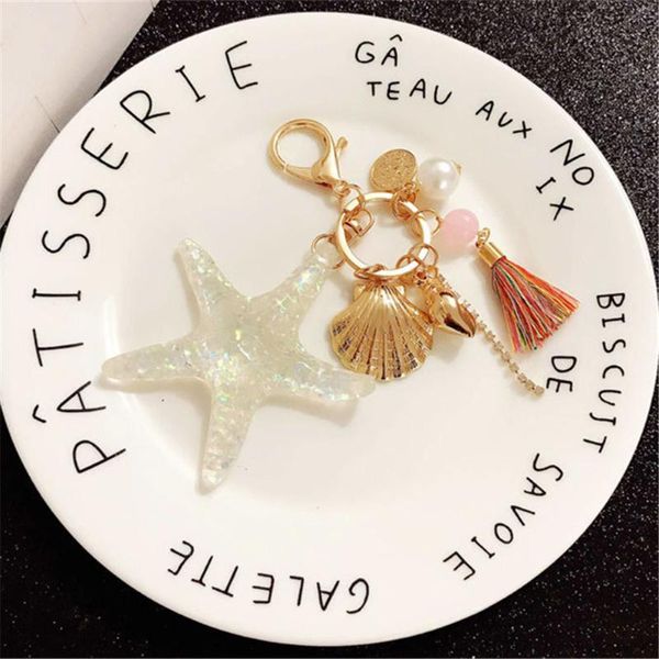 

shell keychain sea world color tassel car key chain bag pendant keyrings starfish pearl elegant for women girls cartoon q-022, Silver