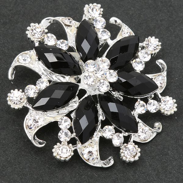 crystal brooch pin badge silver and black flower broach gift, Gray