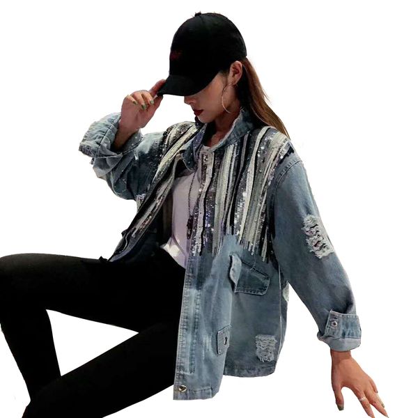 Women Denim Jacket Sequins Stripes Frayed Distressed Jean Trench Lace-up Coat Casual Denim Jacket Women Outwear
Women Denim Jacket Sequins Stripes Frayed Distressed Jean Trench Lace-up Coat Casual Denim Jacket Women Outwear