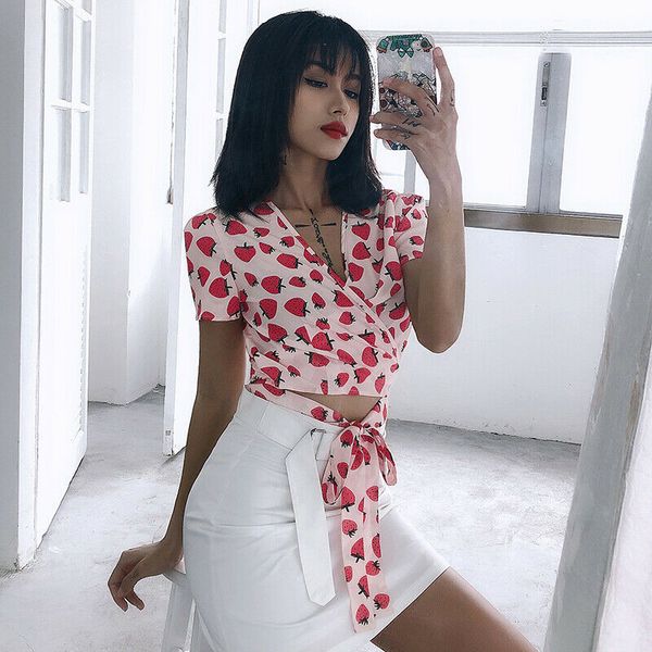 tee shirt femme summer women kawaii t-shirt strawberry print short sleeve bandage t shirt women clothes 2019, White
tee shirt femme summer women kawaii t-shirt strawberry print short sleeve bandage t shirt women clothes 2019, White