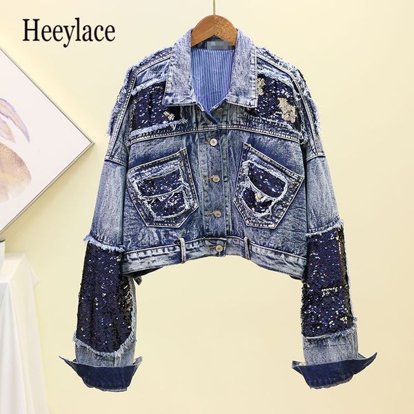 2020 autumn women harajuku blue sequined denim jacket coat ripped bling bling sequined jean k=jackets student basic short coat, Black;brown
2020 autumn women harajuku blue sequined denim jacket coat ripped bling bling sequined jean k=jackets student basic short coat, Black;brown