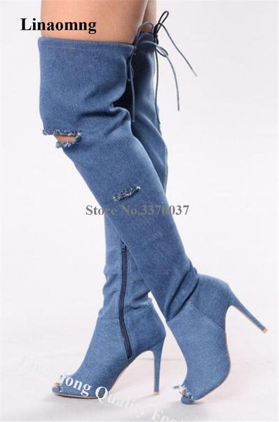 linamong women peep toe denim over knee stiletto heel gladiator boots blue jean long high heel boots motorcycle shoes, Black
linamong women peep toe denim over knee stiletto heel gladiator boots blue jean long high heel boots motorcycle shoes, Black
