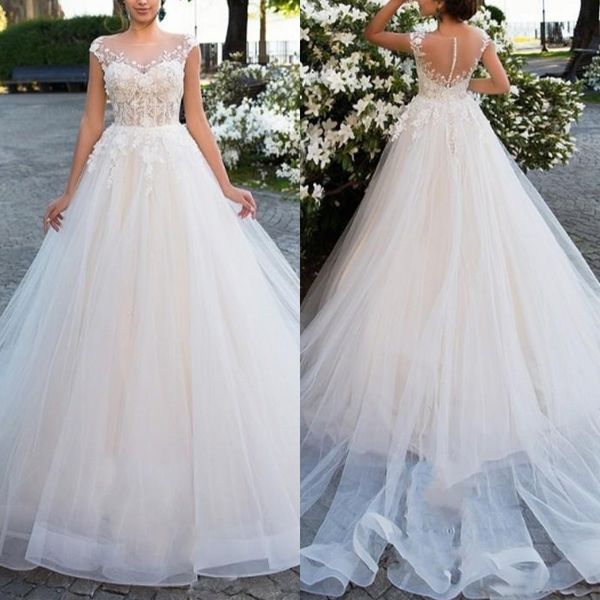 new arrival court train tulle a line wedding dresses cap sleeves appliqued lace covered button back bridal wedding gowns, White
new arrival court train tulle a line wedding dresses cap sleeves appliqued lace covered button back bridal wedding gowns, White