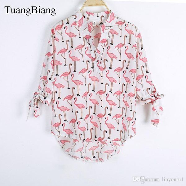 women short front long back bow sleeve flamingo print shirt female v-neck half sleeve loose summer blouse, White
women short front long back bow sleeve flamingo print shirt female v-neck half sleeve loose summer blouse, White
