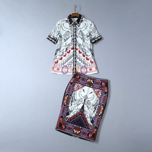 autumn 2019 new european and american women's wear short-sleeved crane print shirt skirts fashion suits, White
autumn 2019 new european and american women's wear short-sleeved crane print shirt skirts fashion suits, White