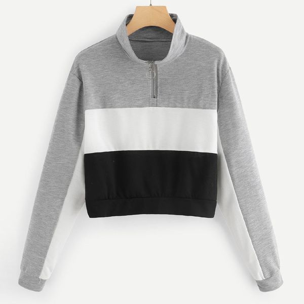 women sweatshirt sports wear stripe color block zipper stand collar autumn spring long sleeve short pullover blouse moletom, Black
women sweatshirt sports wear stripe color block zipper stand collar autumn spring long sleeve short pullover blouse moletom, Black