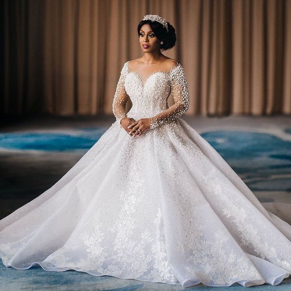 2020 plus size arabic aso ebi sparkly luxurious wedding dresses pearls crystals lace bridal dresses sheer neck wedding gowns zj356, White