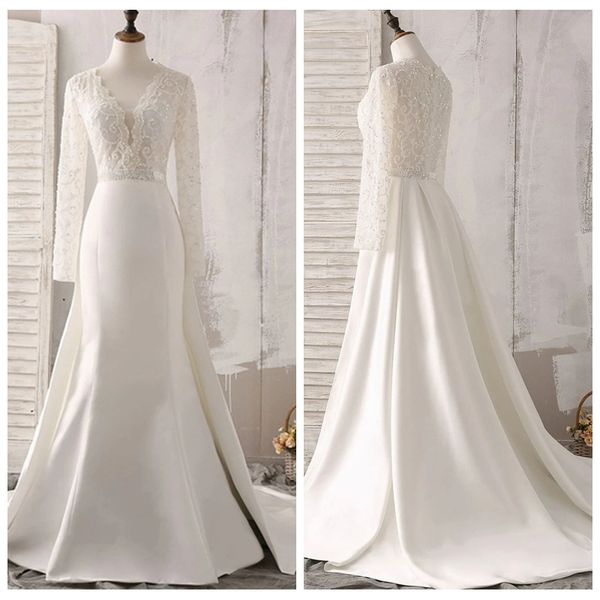 elegant v neckline satin wedding dress shining beaded and sequins mermaid wedding dresses illusion bodice long sleeve wedding dresses, White
elegant v neckline satin wedding dress shining beaded and sequins mermaid wedding dresses illusion bodice long sleeve wedding dresses, White