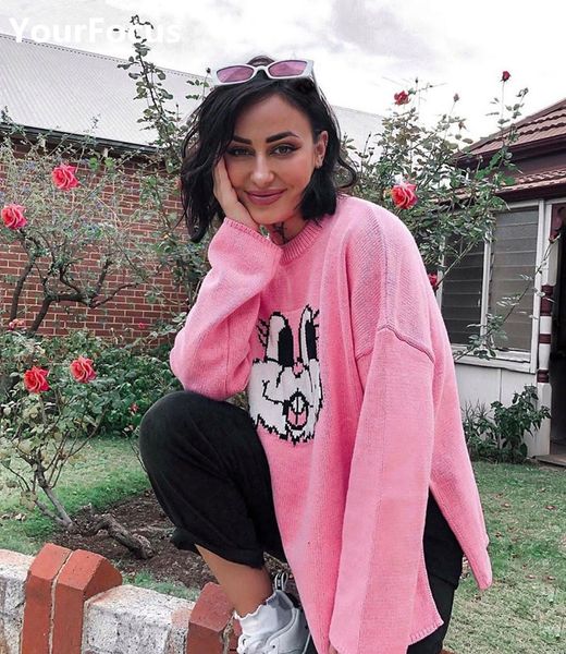 pull femme cute kawaii cartoon pink sweater knitted split loose sweater women, White;black
pull femme cute kawaii cartoon pink sweater knitted split loose sweater women, White;black