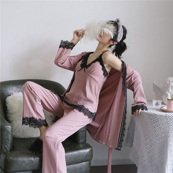 autumn and winter new pajamas set strap pyjamas women's cotton home service three-piece lace sleepwear suit with chest pad, Black;red
autumn and winter new pajamas set strap pyjamas women's cotton home service three-piece lace sleepwear suit with chest pad, Black;red