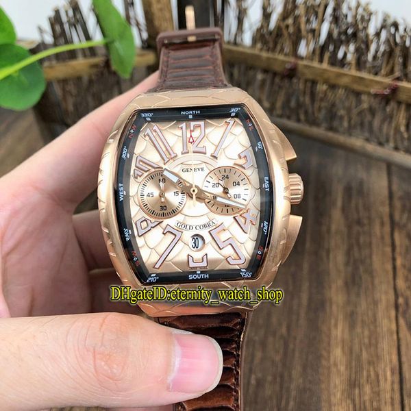 

new saratoge v 45 sc dt cobra snake pattern dial japan vk quartz chronograph movement mens watch rose gold case leather strap watches, Slivery;brown