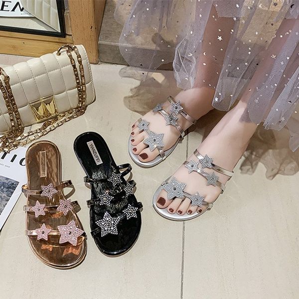 2020 summer new rhinestone star slippers female beach outer wear flat shaped with sandals, Black
2020 summer new rhinestone star slippers female beach outer wear flat shaped with sandals, Black