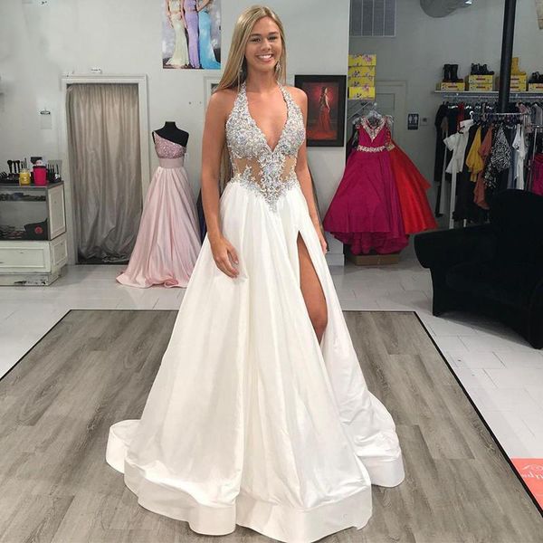 stunning halter side split prom dresses beading backless satin plus size formal evening dress a line custom made party gown, Black
stunning halter side split prom dresses beading backless satin plus size formal evening dress a line custom made party gown, Black