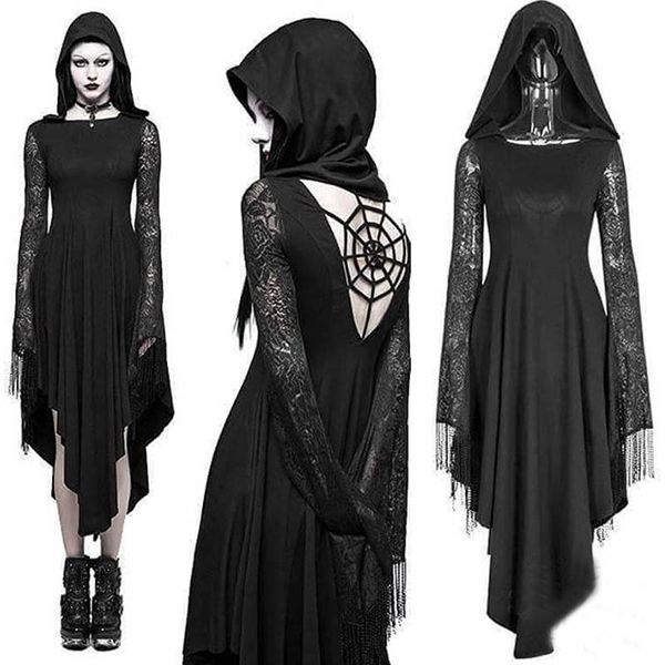 imilybela gothic hoodie dress long sleeve lace splicing high waist dress black hollow out halloween party vestidos 5xl, Black;gray