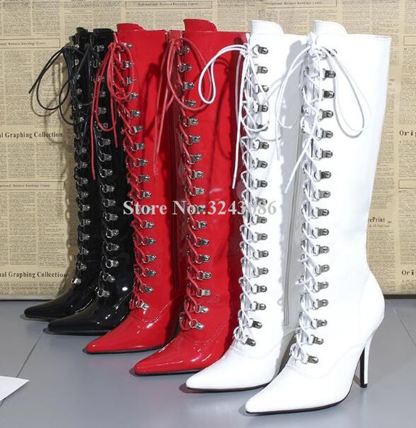new near knee woman boots pointed toe lace-up ladies long boots thin heel patent leather motorcycle, Black
new near knee woman boots pointed toe lace-up ladies long boots thin heel patent leather motorcycle, Black