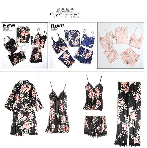women pyjamas lace 5pc sleepwear female summer satin pajamas for women pijama kimono elegant silk pajamas, Blue;gray
women pyjamas lace 5pc sleepwear female summer satin pajamas for women pijama kimono elegant silk pajamas, Blue;gray