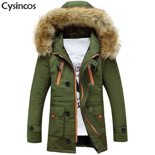 cysincos fashion hooded jacket multi pockets winter warm men's cotton coat male casual long parka with fur collar outwear male, Tan;black
cysincos fashion hooded jacket multi pockets winter warm men's cotton coat male casual long parka with fur collar outwear male, Tan;black