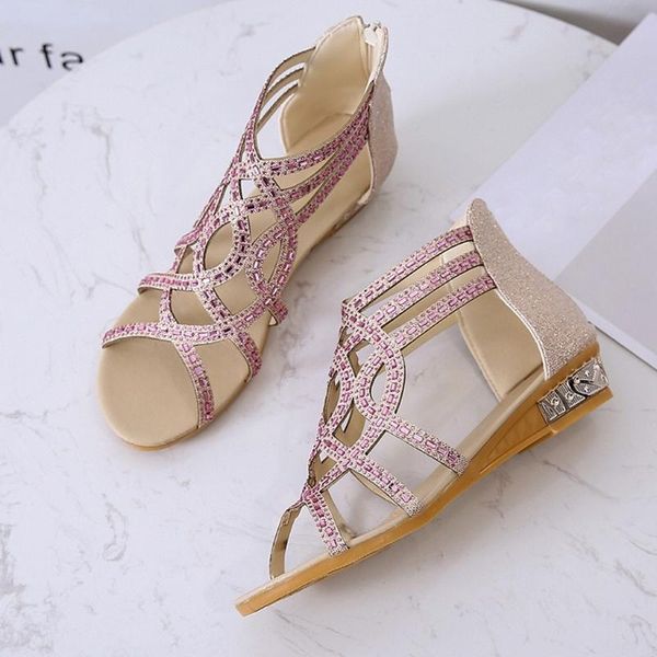 shoes women sandals wedges open toe sandals zipper casual summer women bling low heels sandalias#, Black